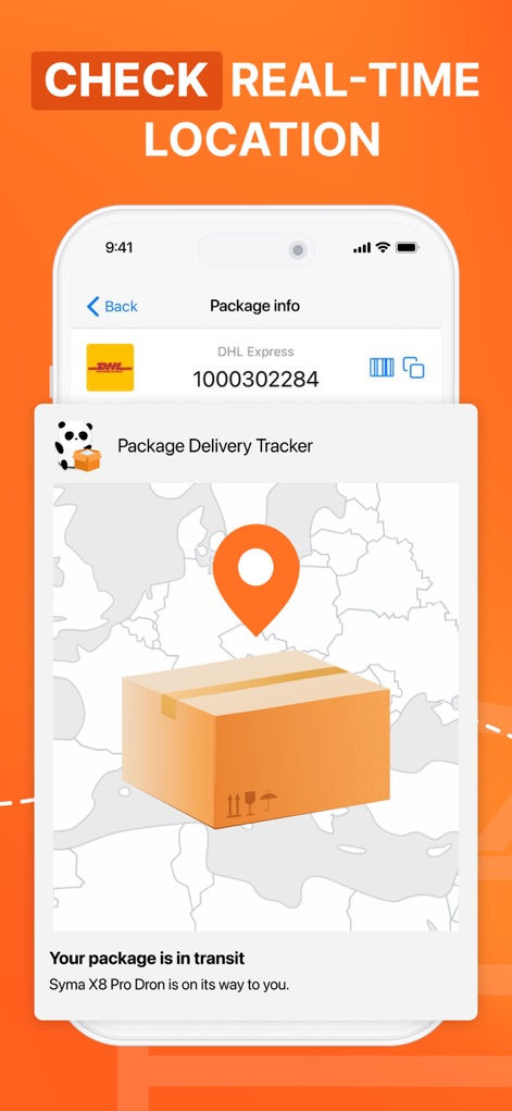 Package Delivery Tracker App - Diese Ansicht zeigt die präzise Echtzeit-Position eines Pakets auf einer interaktiven Karte mit einem deutlichen Paket-Pin und der Benachrichtigung "Your package is in transit", was die Transparenz der Lieferkette unterstreicht.