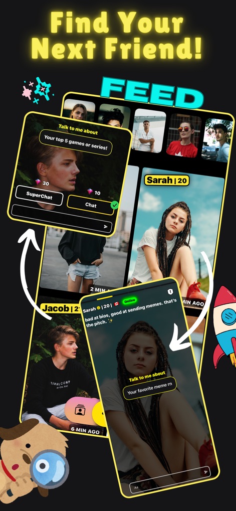 HMU - Make New Friends - Discover how the app's dynamic feed presents potential connections with profile cards and engaging 'Talk to me about' prompts to spark conversations.
