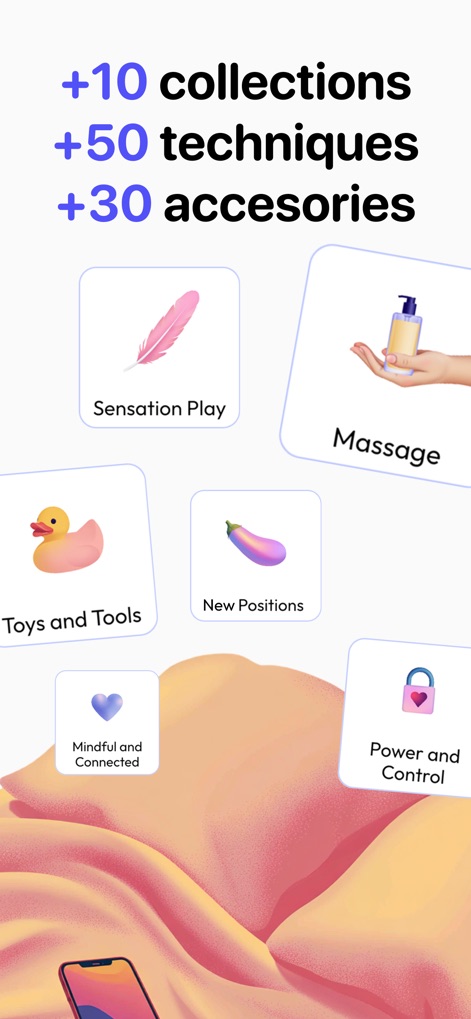 Melba: Couples & Intimacy - The app showcases its extensive content library, presenting "collections" of experiences and various "techniques" for users to explore new facets of intimacy.