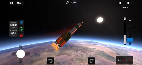 Ellipse: Rocket Simulator - Observe a rocket's dynamic ascent into low Earth orbit, highlighted by the striking red heat effect and the distant celestial body in the background.