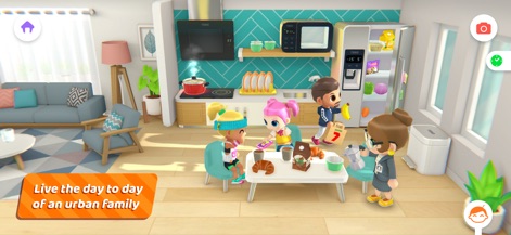 Urban City Stories - Observez la vie quotidienne d'une famille dans son appartement urbain, où les personnages peuvent interagir autour de la table de cuisine et préparer des repas.