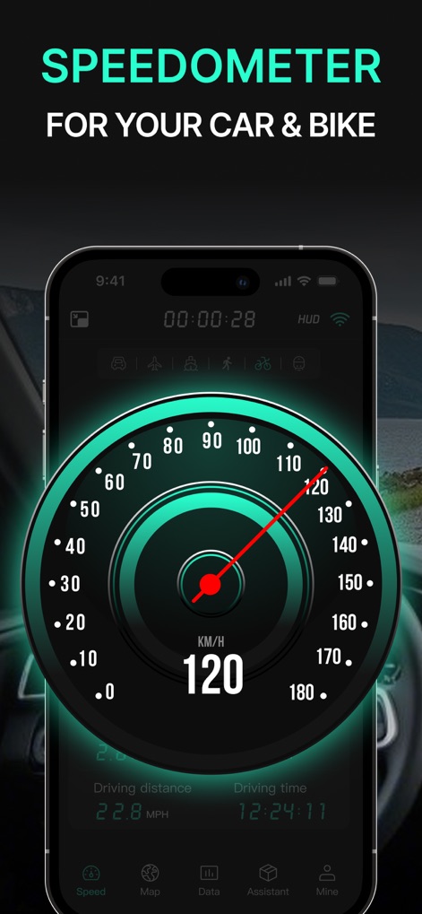 GPS Speedometer HUD - SpeedAce - Die App präsentiert ein intuitives analoges Tachometer-Design und zeigt wichtige Fahrdaten wie die zurückgelegte Distanz und Fahrzeit an, um Nutzern eine umfassende Übersicht zu bieten.