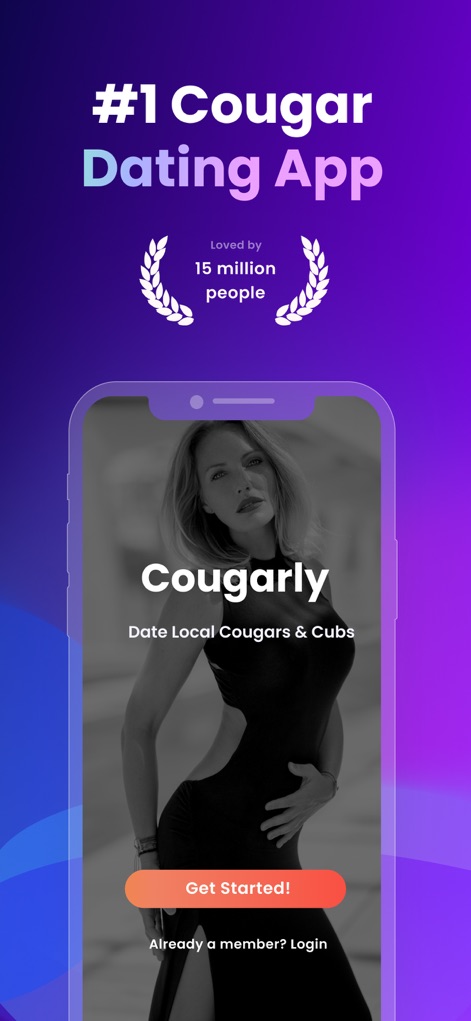 Cougar Dating: Age Gap Love - このアプリは、「#1 Cougar Dating App」というブランディングを提示し、ユーザーは下部にある「Get Started!」ボタンから簡単に利用を開始できます。