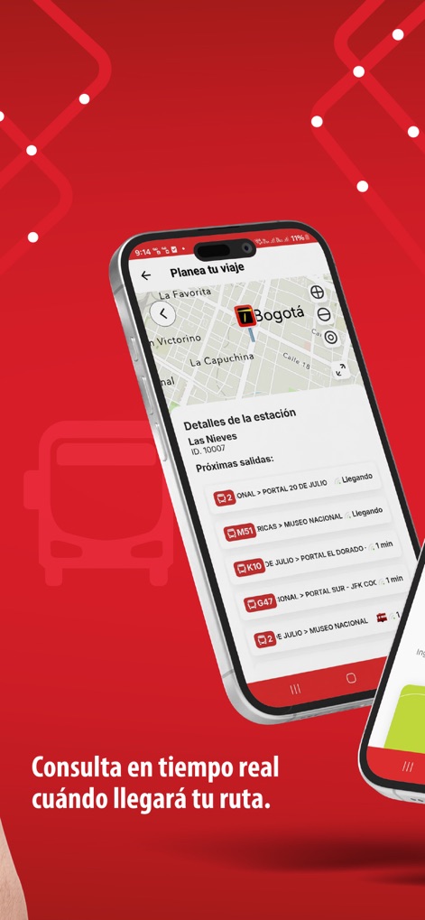 TransMi App - Los usuarios pueden consultar las próximas salidas desde una estación específica y los tiempos estimados de llegada, como se observa en 'Próximas salidas' y la indicación de '1 min' para una ruta.