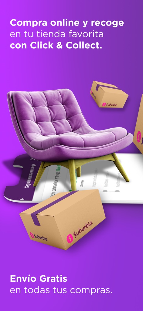 Suburbia: Compra en línea - The app highlights convenient Click & Collect services for in-store pickup and offers free shipping across Mexico, ensuring flexible delivery solutions for every purchase.