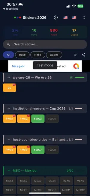 Stickers Cup 2026 List screenshot 1