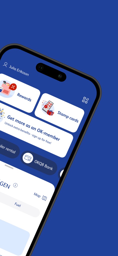 OKQ8 - Users can effortlessly access their 'Rewards' and track progress through the 'Stamp cards' interface, highlighting loyalty program benefits.