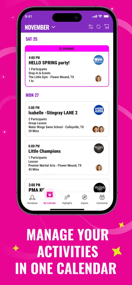 KidHub by Unleashed Brands App Store screenshot 6, headline “MANAGE YOUR ACTIVITIES IN ONE CALENDAR”. Pattern or texture.