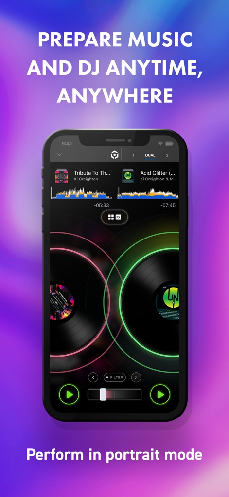 rekordbox - DJ App & DJ Mixer - This tool offers a versatile dual-deck layout, showcasing synchronized waveforms and individual vinyl controls for comprehensive mixing in portrait mode.