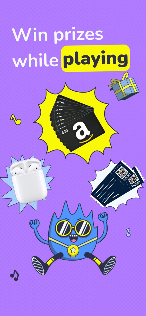 Mukiz - Guess the song - Esta captura destaca a oportunidade de "ganhar prêmios enquanto joga", exibindo "cartões-presente da Amazon" e "AirPods" como atraentes recompensas.