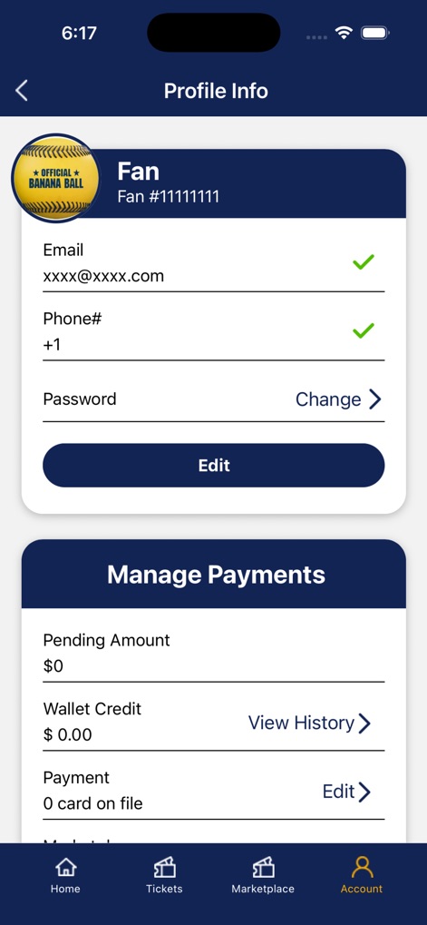 Fans First Tickets - The app provides a dedicated area for users to update personal contact details such as "Email" and "Phone#", and effectively manage financial aspects through the "Manage Payments" section, displaying current wallet credit.