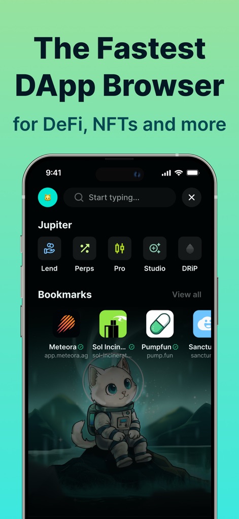 Jupiter Mobile - Solana Wallet - Explore the integrated dApp browser, designed for speed and showcasing organized shortcuts for DeFi functions such as "Lend" and "Perps", and bookmarks for specific dApps like "Meteora".