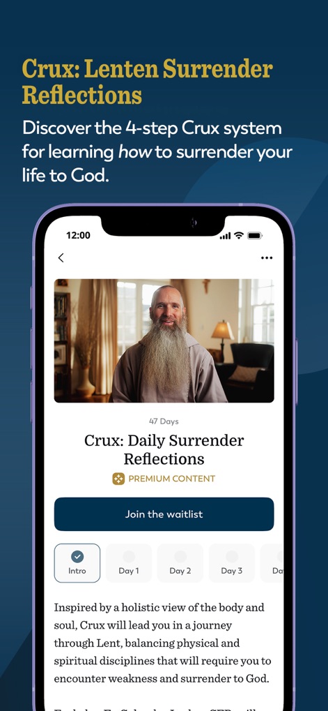 Ascension: Catholic Bible - L'application présente le Défi de Carême Crux avec des vidéos quotidiennes de Fr. Columba Jordan et un suivi pas à pas des jours.