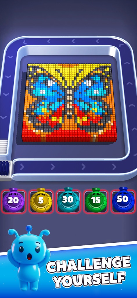 Voxel Blast Jam - Tackle complex challenges depicted by intricate voxel butterfly patterns, enhancing strategy with the row of five color-coded power-ups.