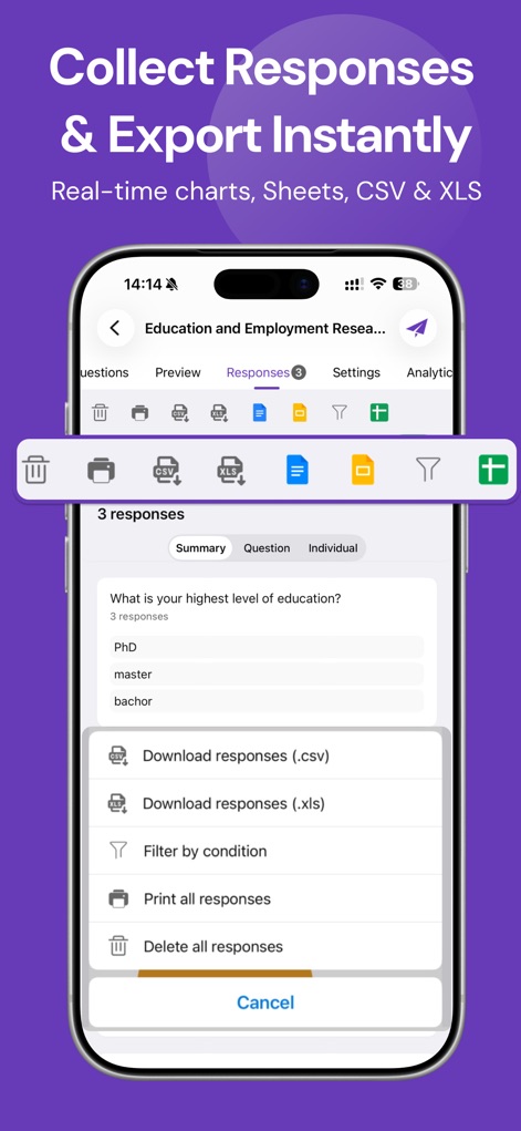 Forms for Google Drive - La visualización detalla las opciones de exportación a formatos .csv y .xls, junto con las vistas de resumen y detalle individual para las respuestas.