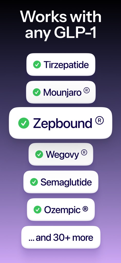 MeAgain: GLP-1 all-in-one app - This tool confirms compatibility with popular GLP-1 medications such as Zepbound and Ozempic, alongside many other options.
