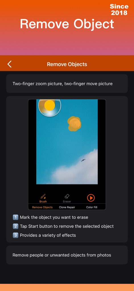 iRetouch - Photo Video Eraser - Users are guided through object removal with the interactive 'Brush' tool and clear, numbered 'instructions' for precision.