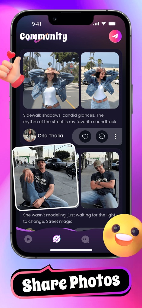 ChatOnline: Live Video Call - Les utilisateurs peuvent partager leurs créations photographiques avec des légendes inspirantes, et interagir avec la communauté via les icônes de "likes" et de "commentaires" visibles sous chaque publication.