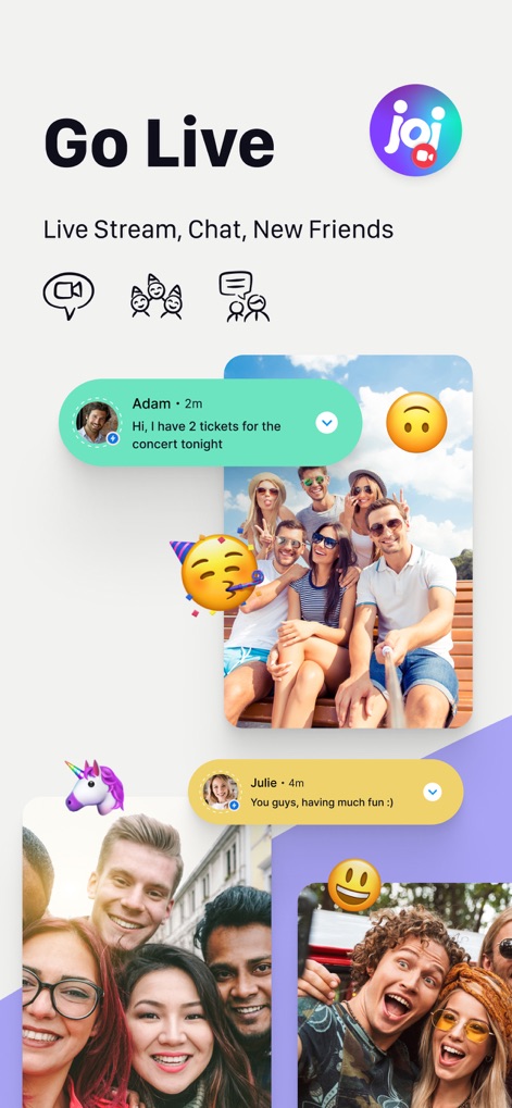 Joi - Live Stream - The app showcases dynamic chat bubbles and lively emoji interactions, illustrating how users can easily connect and share moments.