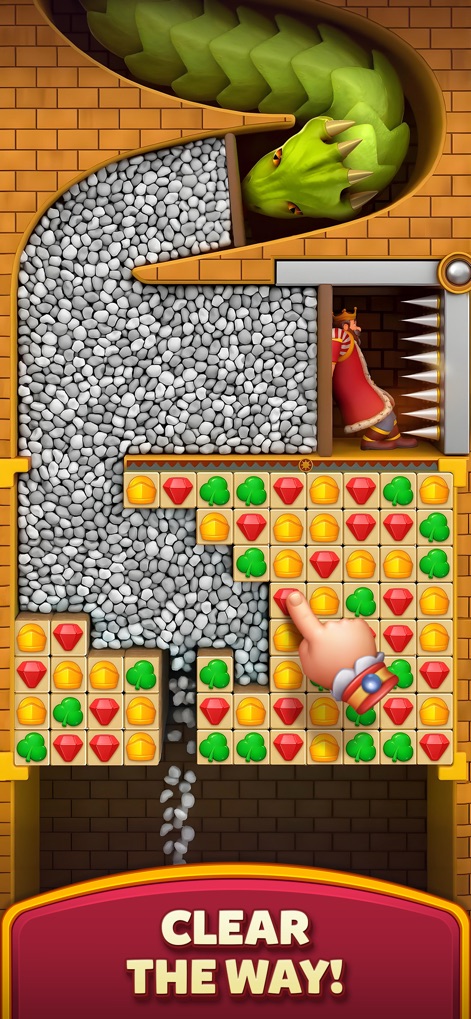 Royal Kingdom - この画面では、鋭いスパイクとドラゴンの頭部が潜む危険な場所で、王様の進路を確保するためにプレイヤーはパズルを解き、障害物を排除します。王様のすぐそばにある鋭いスパイクと、上部から覗くドラゴンの頭が、さらなる脅威を予感させます。