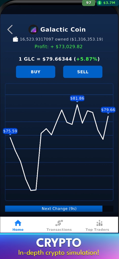 AltLife - Life Simulator - Questo strumento offre una simulazione dettagliata del mercato delle criptovalute, mostrando un grafico delle fluttuazioni di prezzo per 'Galactic Coin' e permettendo agli utenti di 'Compra' o 'Vendi' valute digitali.