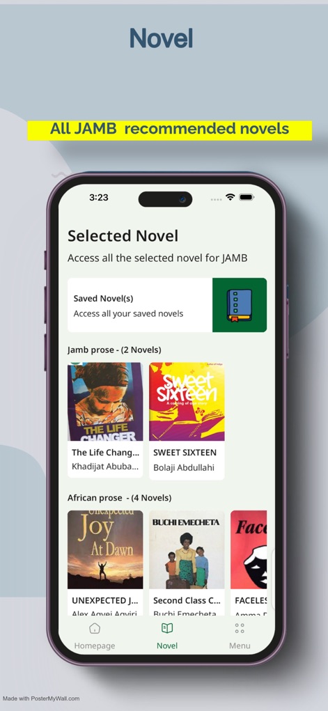 JAMB CBT PRACTICE 2026 - LFX - La aplicación facilita el acceso a "Selected Novel" recomendadas por JAMB, mostrando portadas como "The Life Changer" y "Sweet Sixteen" para una experiencia de lectura enriquecedora.