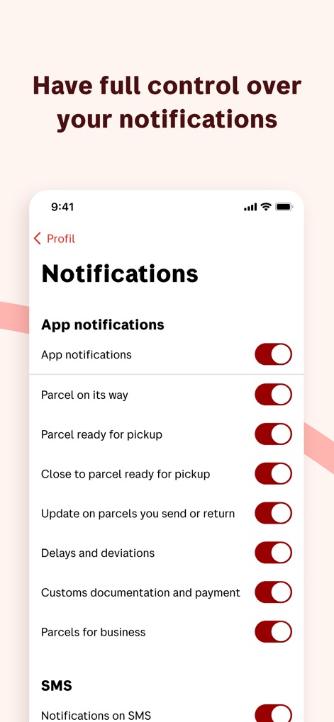 Posten - The app allows comprehensive control over notifications through granular app notification toggles and a dedicated SMS notification switch, ensuring users receive only relevant updates.