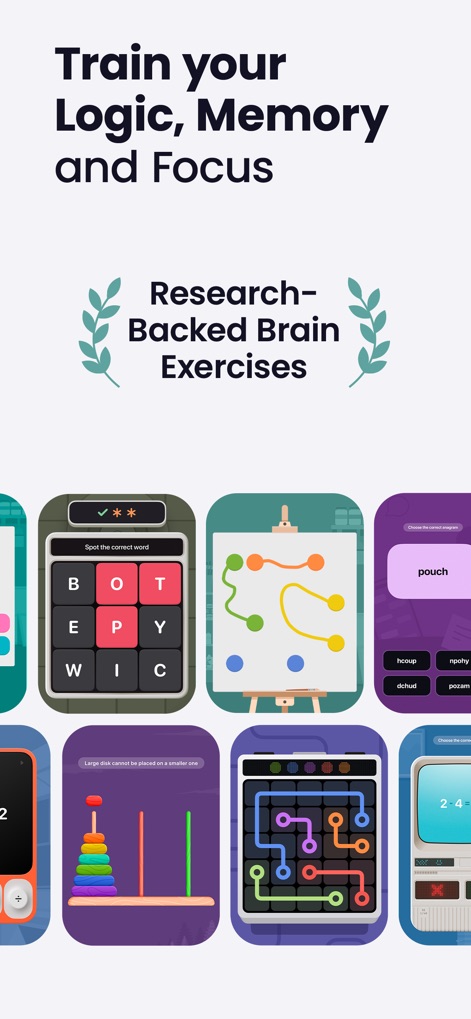BrainGain - Brain Training - Explore the app's wide array of research-backed exercises, showcasing varied cognitive challenges like word building and pathfinding puzzles.