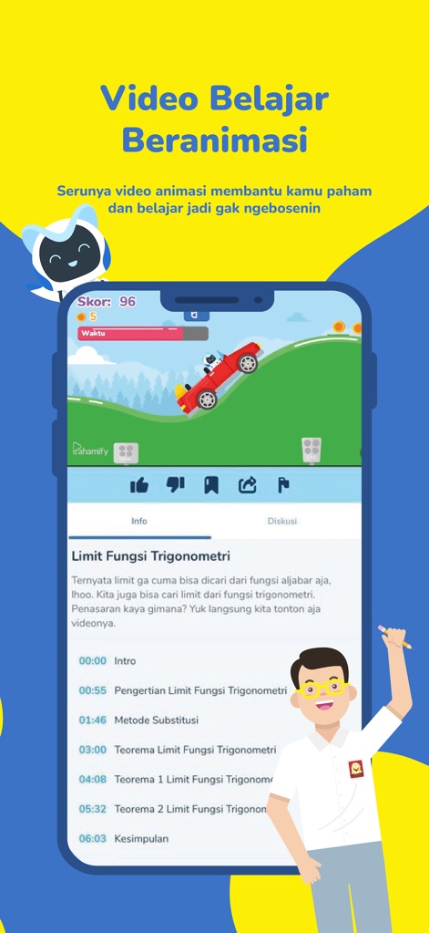 Pahamify: Bimbel UTBK SNBT TKA - Experience the app's unique animated learning videos, presenting complex topics like Trigonometric Function Limits in an engaging format, complete with a structured timeline for focused study.