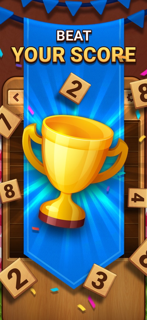Woodber - Classic Number Game - Esta imagen enfatiza la motivación competitiva al mostrar un trofeo dorado y números dispersos, alentando a los usuarios a mejorar su "puntuación" personal.