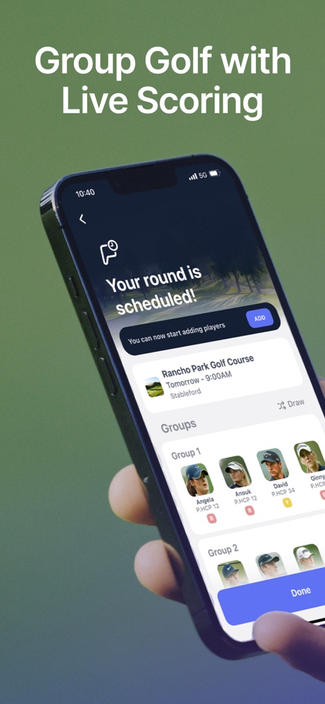 Hole19: Golf GPS Range Finder - Users can easily schedule golf rounds and add multiple players into groups, fostering interactive group play with live scoring capabilities.