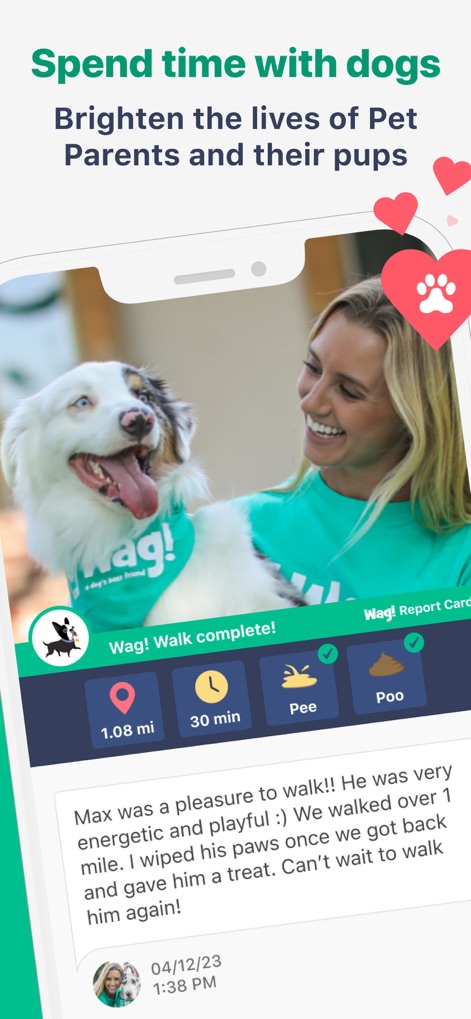 Wag! Pet Caregiver - This view demonstrates the post-service reporting interface, showcasing the caregiver's personalized message about the walk and a summary of pet activities like 'pee' and 'poo' status.