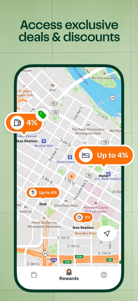 Instacart Shopper Rewards - Observe the detailed map interface, revealing location-specific discounts for merchants and the clear percentage savings icons on offer.