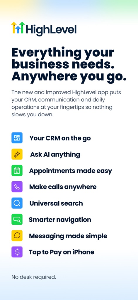 HighLevel - La aplicación ofrece una visión general de sus capacidades, destacando la gestión de CRM y la integración de pagos móviles como "Tap to Pay".