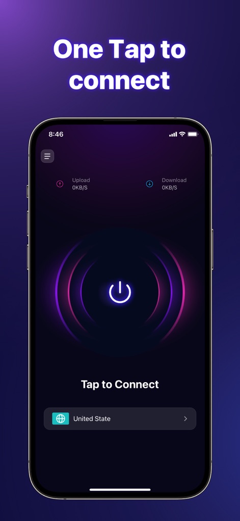 WebShield VPN - Private&Secure - Observe the sleek main screen with its central 'Tap to Connect' power button and real-time upload/download speed indicators, highlighting the app’s instant privacy solution.