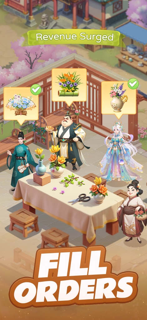 My Garden Tale - Observe the vibrant flower fair where users can fulfill custom orders, showcasing intricate floral arrangements and engaging with diverse characters.
