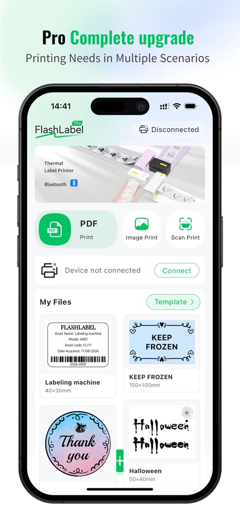 FlashLabel Pro - FlashLabel Pro offers quick access to essential functions like "PDF Print" and organizes "My Files" with clear label previews for efficient management.