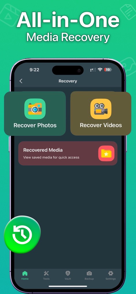 Photo Recovery: Restore Pics - Esta tela apresenta opções claras para "Recover Photos" e "Recover Videos", consolidando a recuperação de diferentes tipos de mídia em uma única interface.