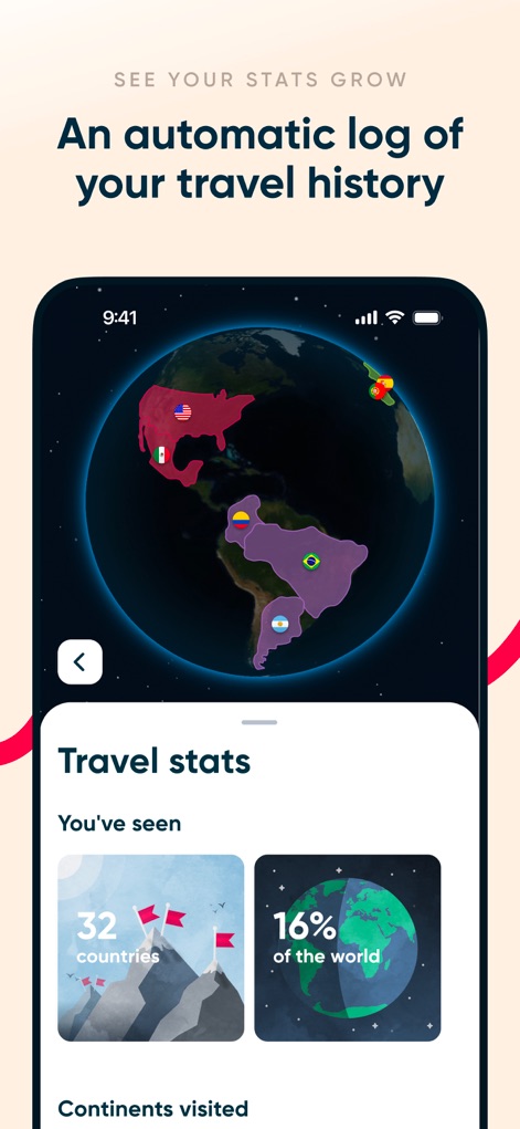 Polarsteps - Users can visualize their global footprint with an interactive map highlighting visited countries and easily review key travel statistics, such as "32 countries" visited and "16% of the world" explored.