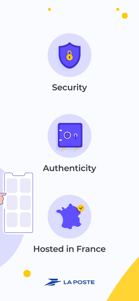 Digiposte: secure storage - The app emphasizes its robust security measures through a visual shield icon and guarantees data sovereignty with the "Hosted in France" badge.