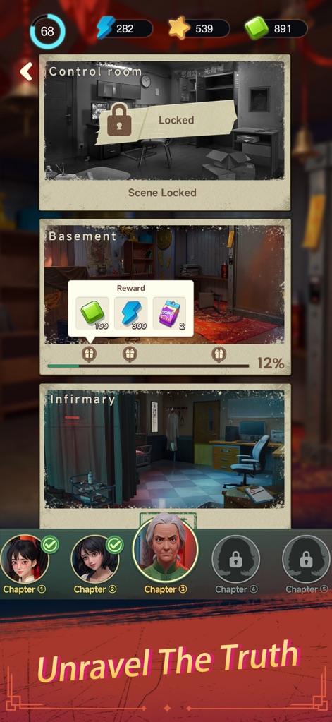 Haunted Merge: Horror Story - This interface provides a clear chapter selection screen for players to track their progress, showcasing distinct location previews and character portraits that unlock through the narrative.