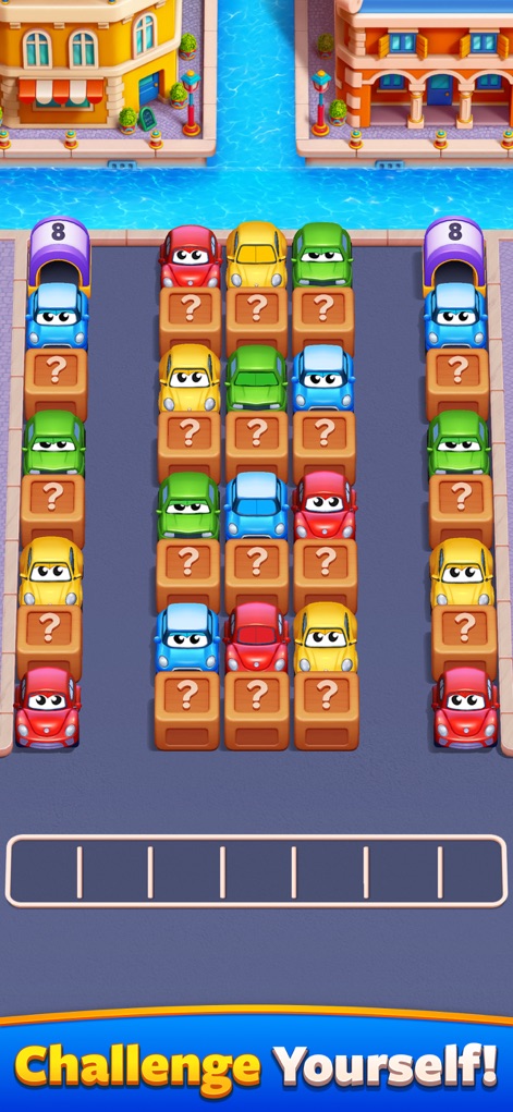 Car Match - Traffic Puzzle - Los usuarios enfrentan variaciones en los tableros con obstáculos como las cajas de interrogación y patrones complejos de coches que requieren planificación.