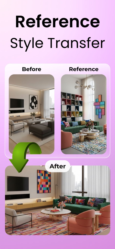 DecorAI: AI Interior Design - Observe the app's ability to transfer a reference style, transforming a room from its 'Before' state to an 'After' result based on a distinct 'Reference' image.