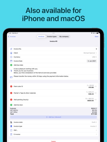 SubTotal PDF Invoice Maker iPad screenshot