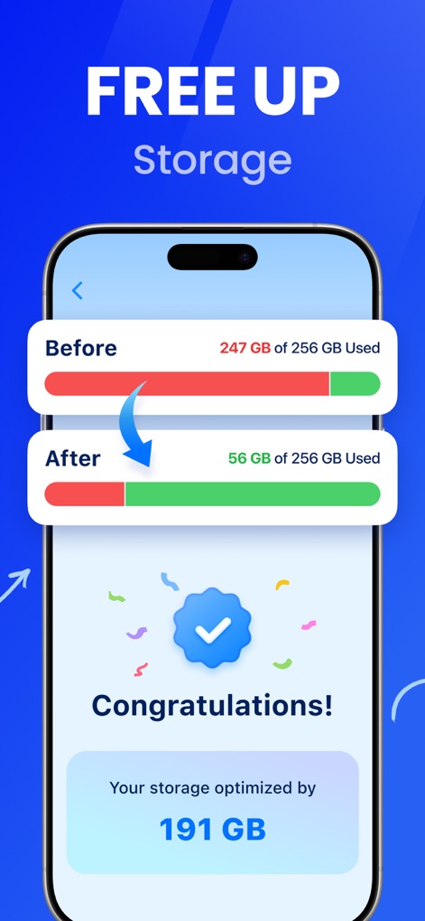 CleanCraft: Clean Up Storage - Observe the dramatic reduction in used storage shown by the "Before" and "After" progress bars, culminating in a clear "Congratulations!" message confirming significant space optimization.