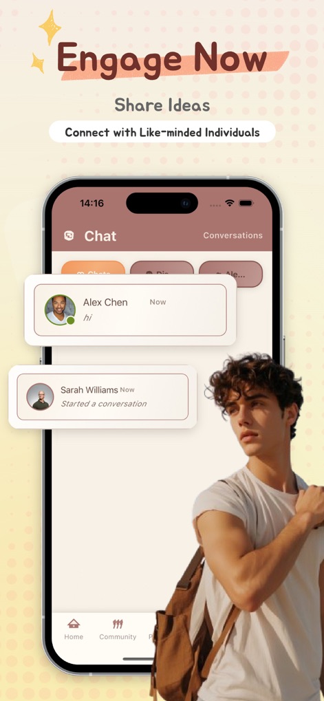 Tigo -  Connect, Play, Grow - 本アプリのチャット画面では、「Alex Chen」と「Sarah Williams」からのメッセージ履歴が一覧表示され、ユーザーは仲間とのアイデア共有や情報交換を楽しめます。