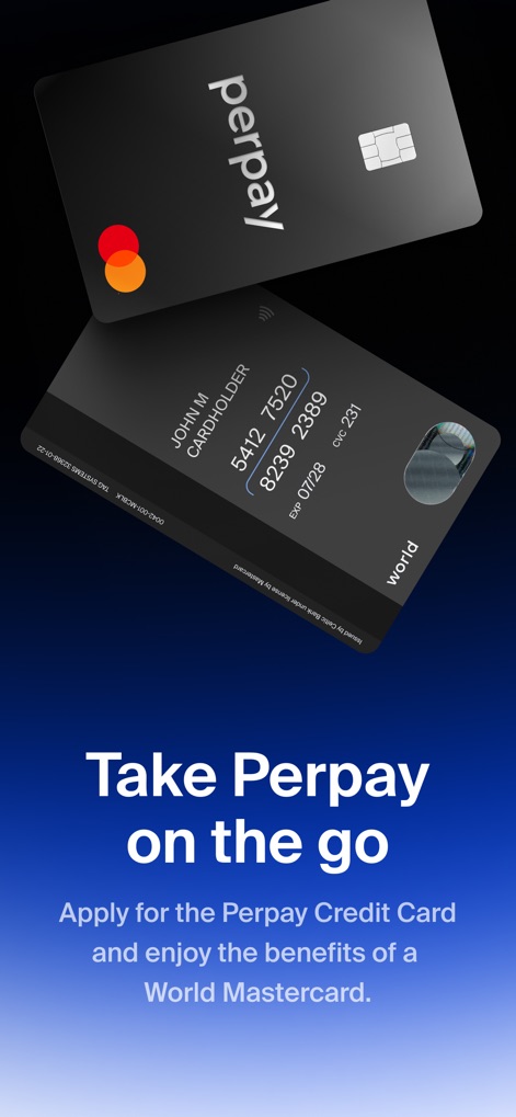 Perpay - Shop and Build Credit - Users can visualize the sleek design of the Perpay Credit Card and understand its World Mastercard benefits, designed for convenient mobile use.