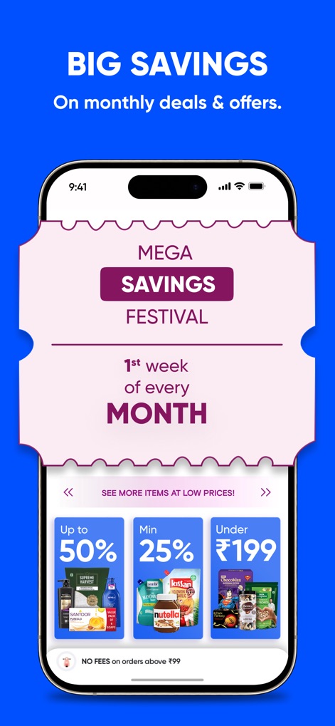 Instamart: Groceries & more - This screen highlights recurring discount events such as the 'MEGA SAVINGS FESTIVAL' and presents clear categories like 'Up to 50% Off' and 'Under ₹199' to maximize user savings.