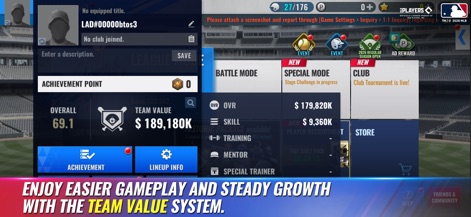 MLB 9 Innings 26 - Esta pantalla ofrece una visión general del valor del equipo y el progreso del usuario, permitiendo acceder a varios modos de juego como 'Battle Mode' y opciones de mejora.