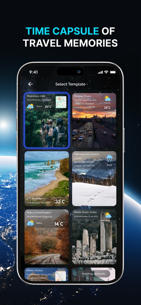 Mappa: GPS & Live Earth Camera - Esta herramienta organiza las fotografías de viajes en una cuadrícula atractiva, mostrando la ubicación geográfica y la fecha de cada experiencia.